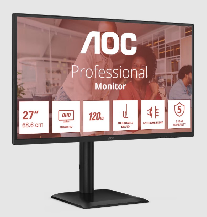 Монитор AOC 27" Q27E4U, 16:9, IPS, QHD, 4ms, 350cd, 120Hz, HDMI, DP, USB, SPK, HAS