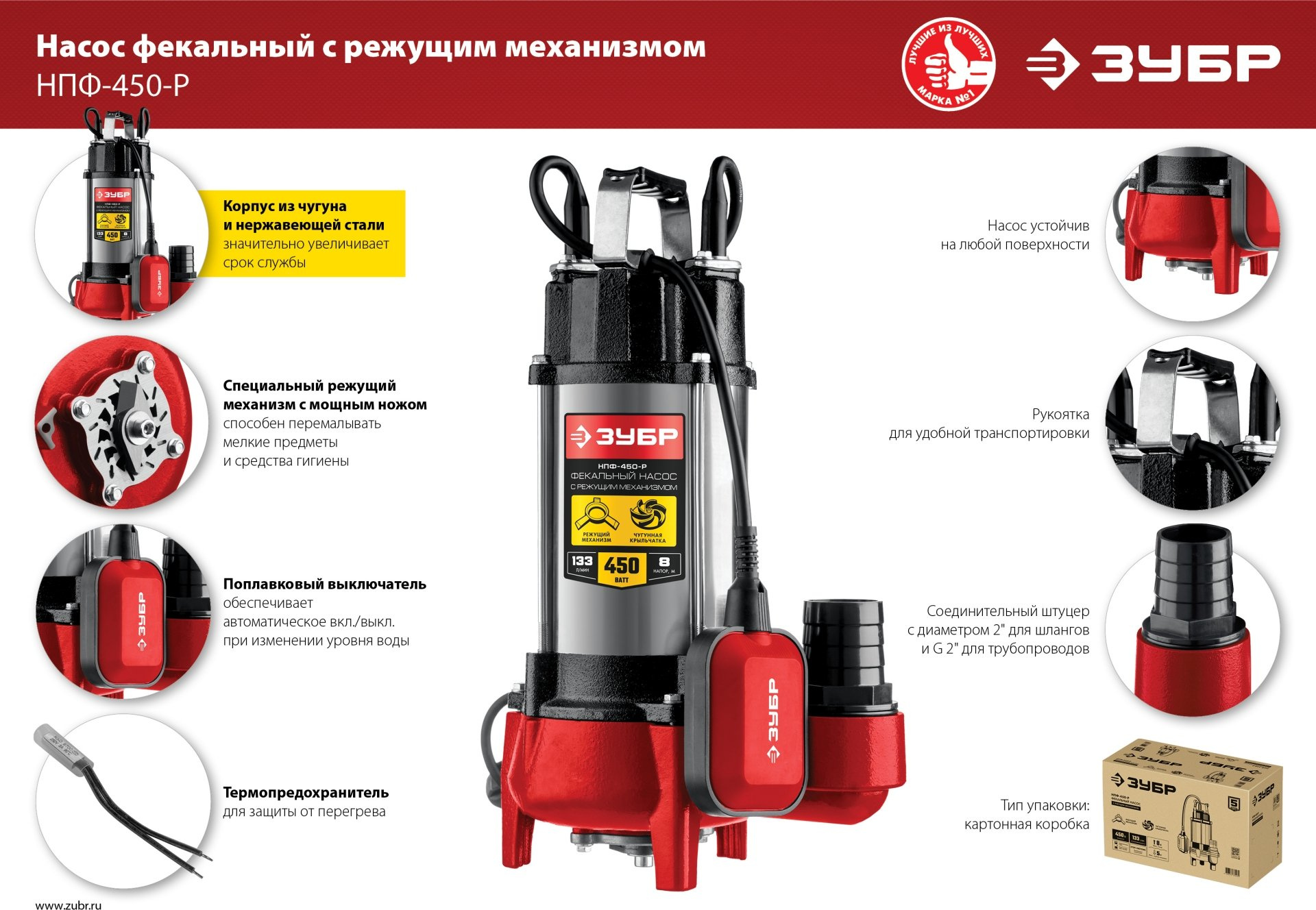 Насос фекальный Зубр Мастер НПФ-450-Р 450Вт 7980л/час центробежный (в компл.:режущий механизм) — фото 6
