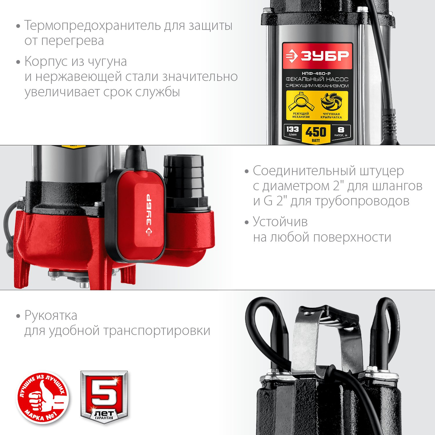 Насос фекальный Зубр Мастер НПФ-450-Р 450Вт 7980л/час центробежный (в компл.:режущий механизм) — фото 13