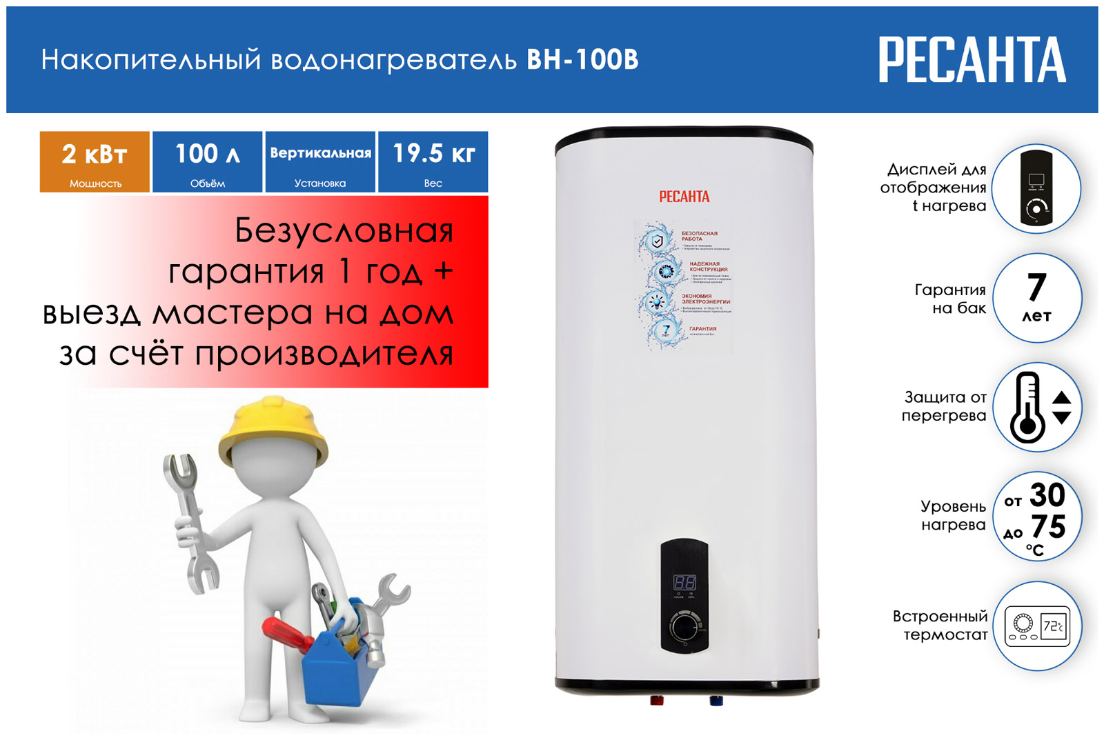 Водонагреватель накопительный Ресанта ВН-100В белый — фото 2