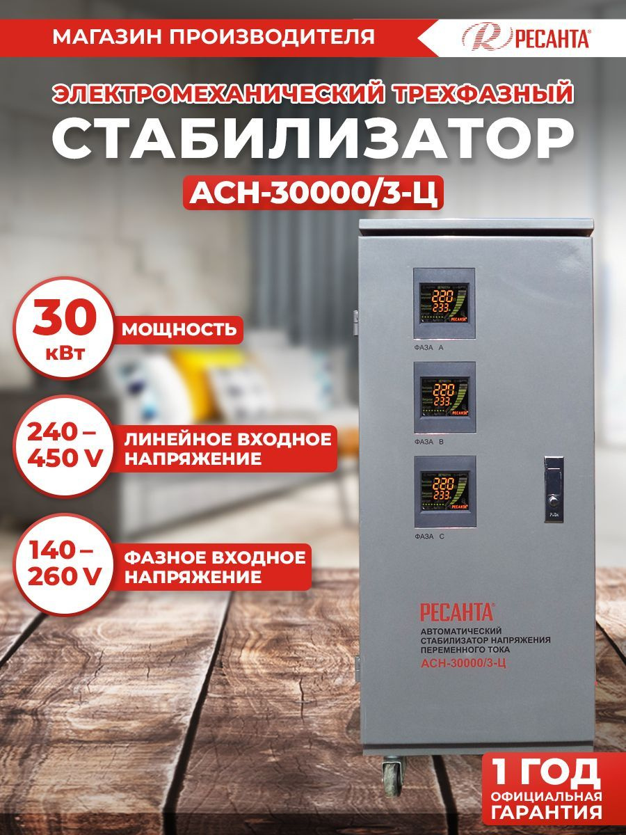Стабилизатор напряжения Ресанта АСН-30000/3-Ц электронный трехфазный серый — фото 2