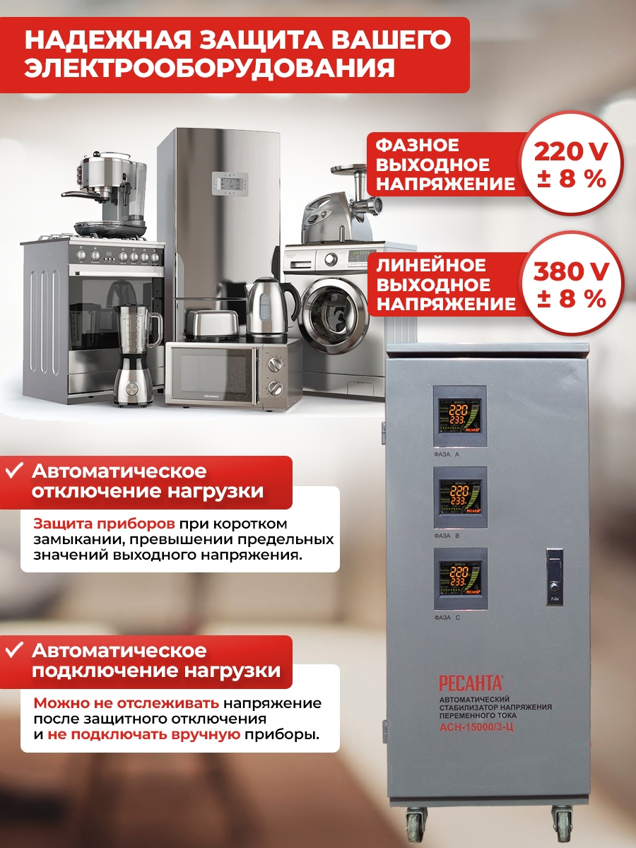 Стабилизатор напряжения Ресанта АСН-15000/3-Ц электронный трехфазный серый — фото 4