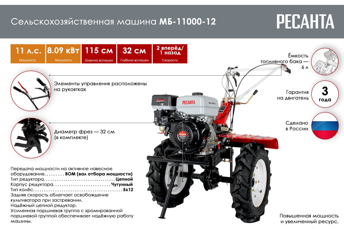 Мотоблок Ресанта МБ-11000-12 (70/5/34) бензиновый — фото 5