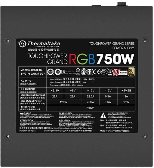 Блок питания Thermaltake ATX 750W Toughpower Grand RGB Sync 80+ gold (24+4+4pin) APFC 140mm fan color LED 9xSATA Cab Manag RTL — фото 6