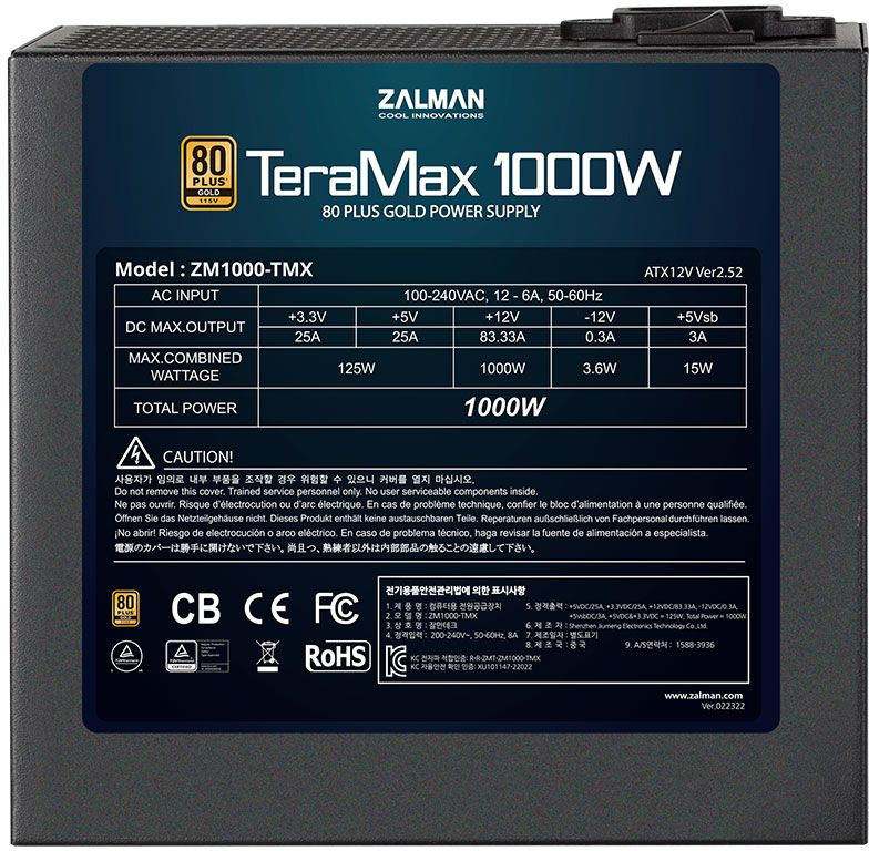 Блок питания Zalman ATX 1000W ZM1000-TMX 80+ gold (24+4+4pin) APFC 120mm fan 12xSATA Cab Manag RTL — фото 4