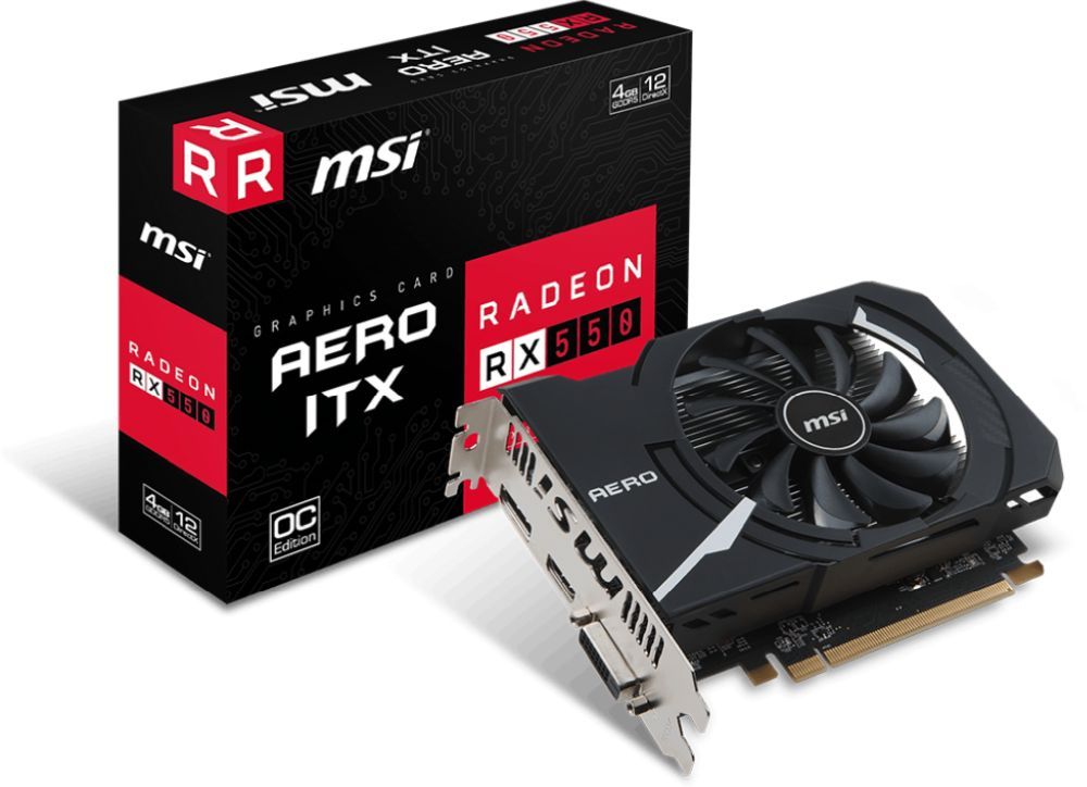 Видеокарта MSI PCI-E Radeon RX 550 AERO ITX 4G OC AMD Radeon RX 550 4096Mb 128 GDDR5 1203/6000 DVIx1 HDMIx1 DPx1 HDCP Ret