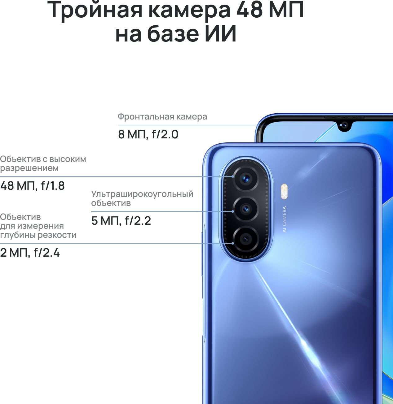 Смартфон Huawei Nova Y70 128Gb 4Gb черный моноблок 3G 4G 2Sim 6.75" 720x1600 Android 11 HMS 48Mpix 802.11 b/g/n GPS GSM900/1800 GSM1900 A-GPS microSD max512Gb — фото 18