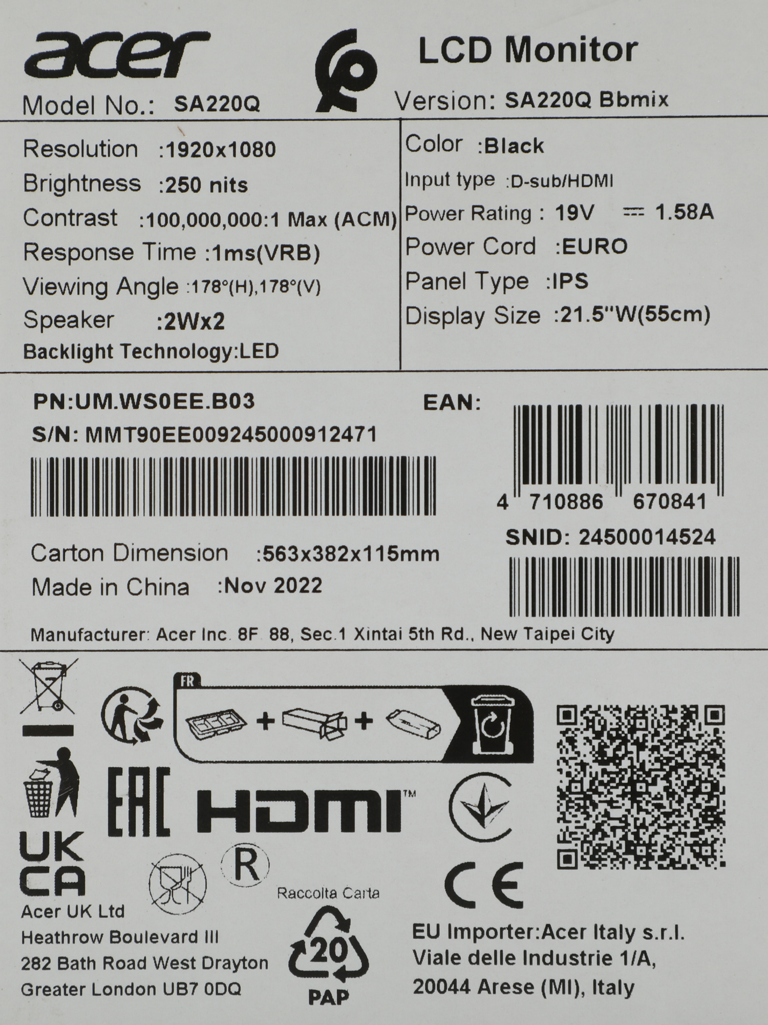 Монитор Acer 21.5" SA220QBbmix черный IPS LED 1ms 16:9 HDMI M/M матовая 1000:1 250cd 178гр/178гр 1920x1080 75Hz FreeSync VGA FHD 2.48кг — фото 7