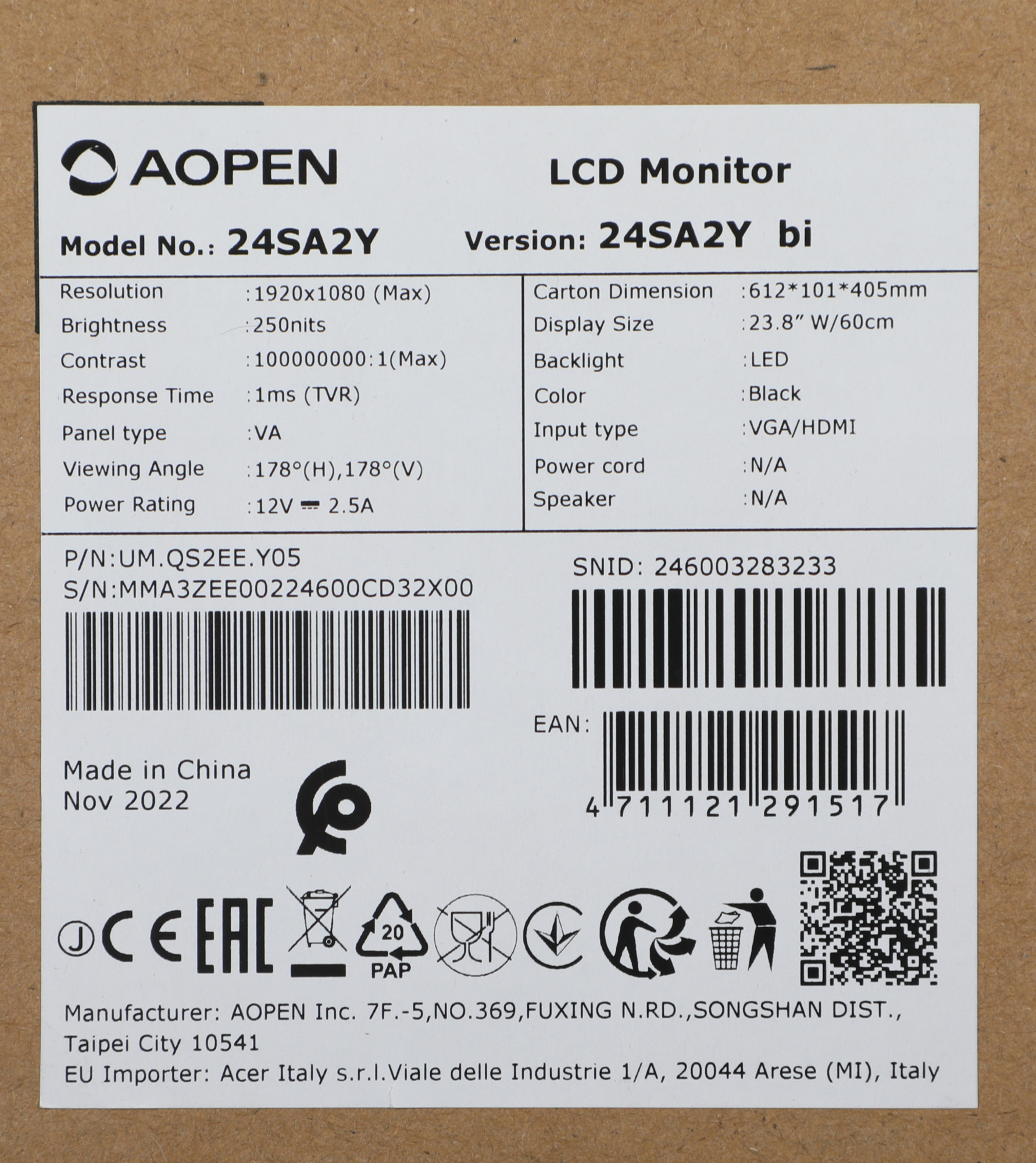 Монитор Aopen 23.8" 24SA2Ybi черный VA LED 4ms 16:9 HDMI матовая 250cd 178гр/178гр 1920x1080 75Hz VGA FHD 2.9кг — фото 2
