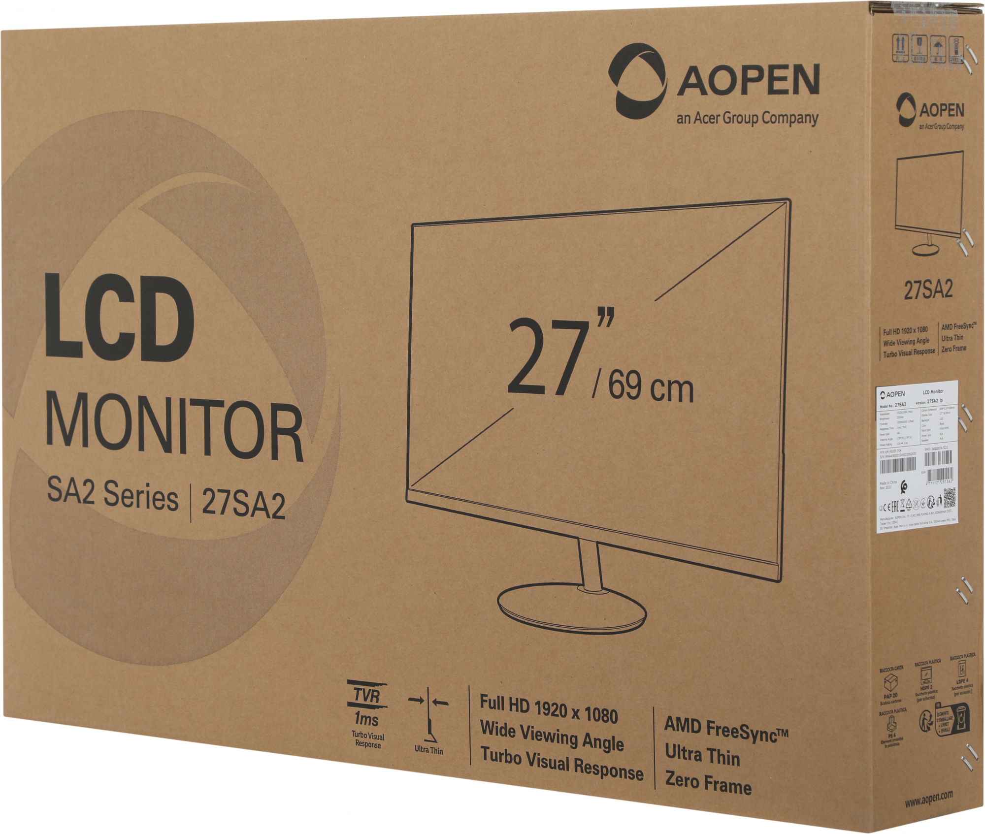 Монитор Aopen 27" 27SA2bi черный VA LED 4ms 16:9 HDMI матовая 250cd 178гр/178гр 1920x1080 75Hz VGA FHD 4кг — фото 2
