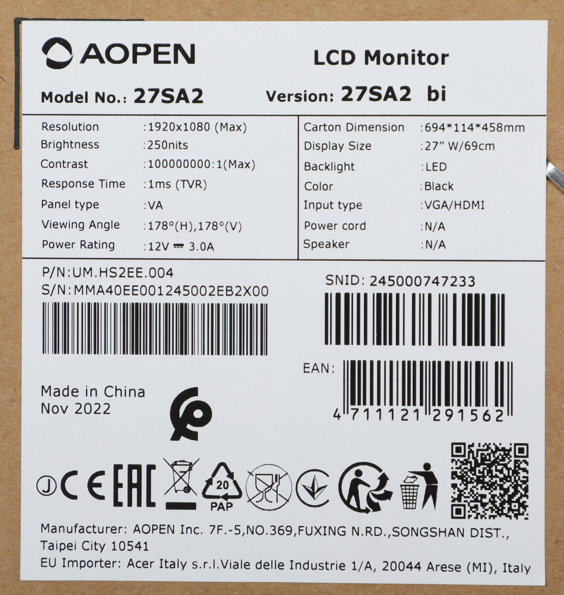 Монитор Aopen 27" 27SA2bi черный VA LED 4ms 16:9 HDMI матовая 250cd 178гр/178гр 1920x1080 75Hz VGA FHD 4кг — фото 5