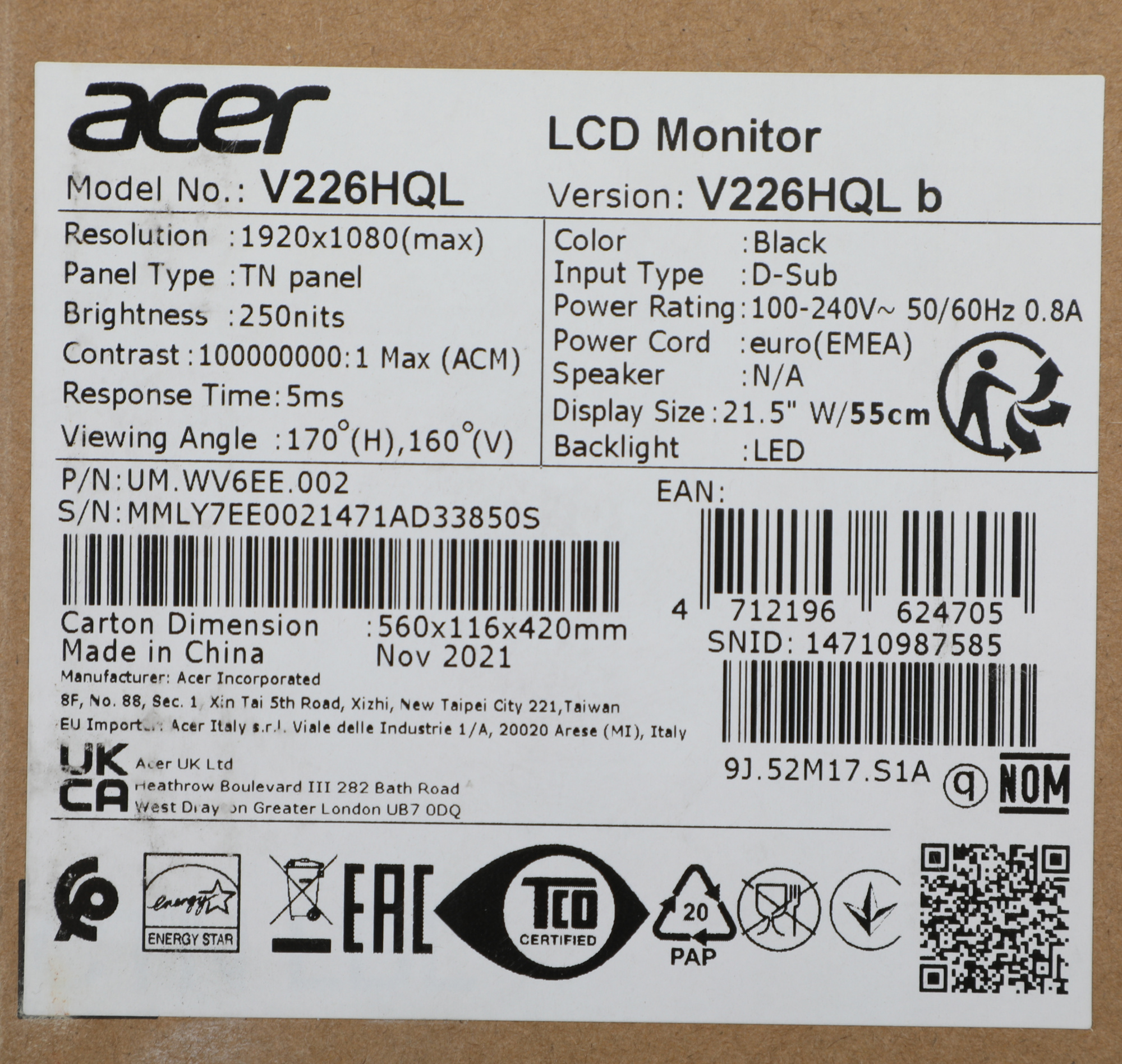 Монитор Acer 21.5" V226HQLb черный TN LED 5ms 16:9 матовая 250cd 1920x1080 60Hz VGA FHD 3.66кг — фото 3